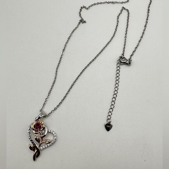 NIB, RG/WG Rose and Heart "I love you" 18k GP over 925 necklace! - Picture 5 of 11
